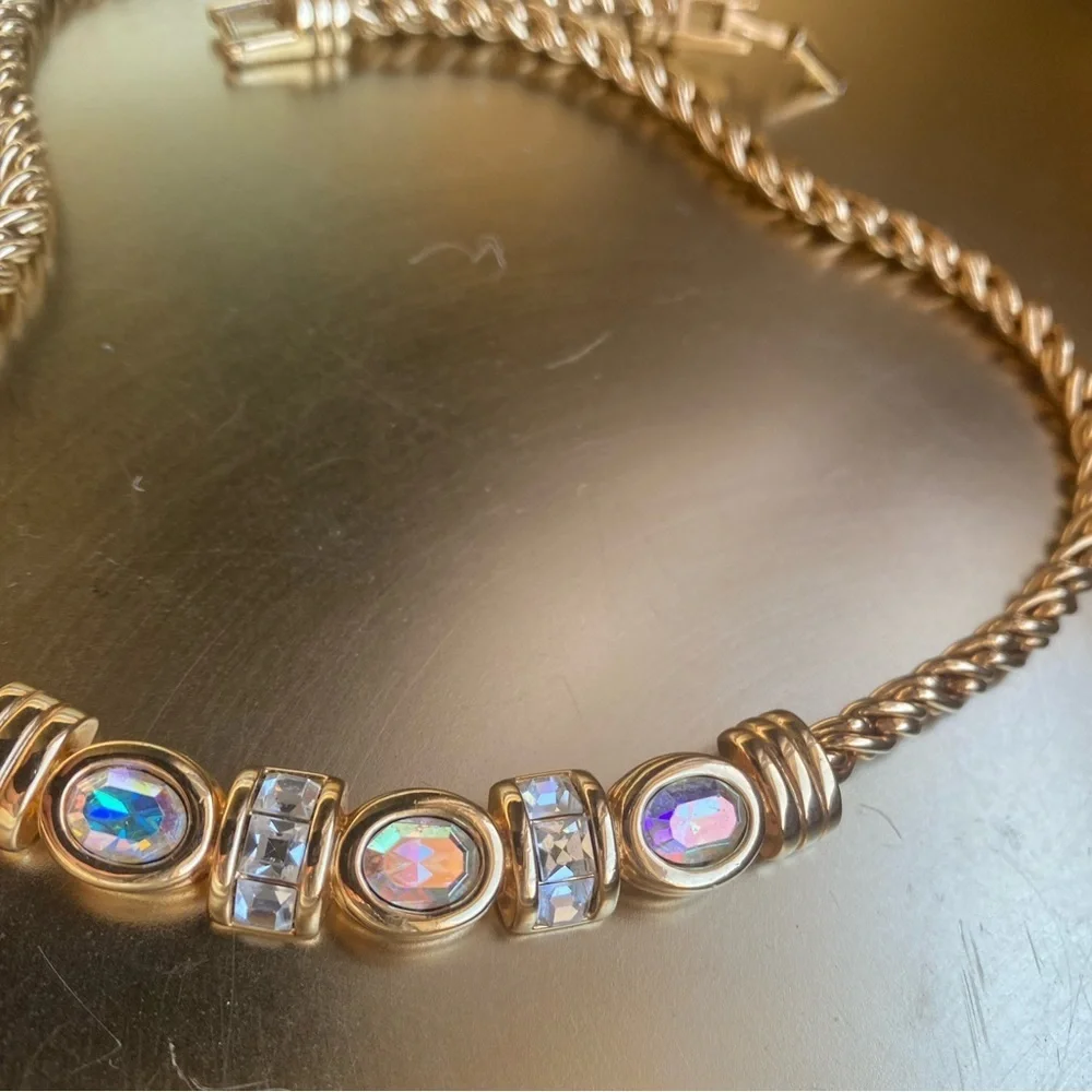 VERY RARE SWAROVSKI vintage Aurora Borealis gold tone statement necklace